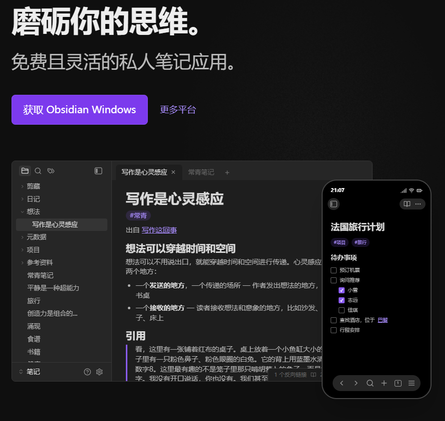 Obsidian 界面示意